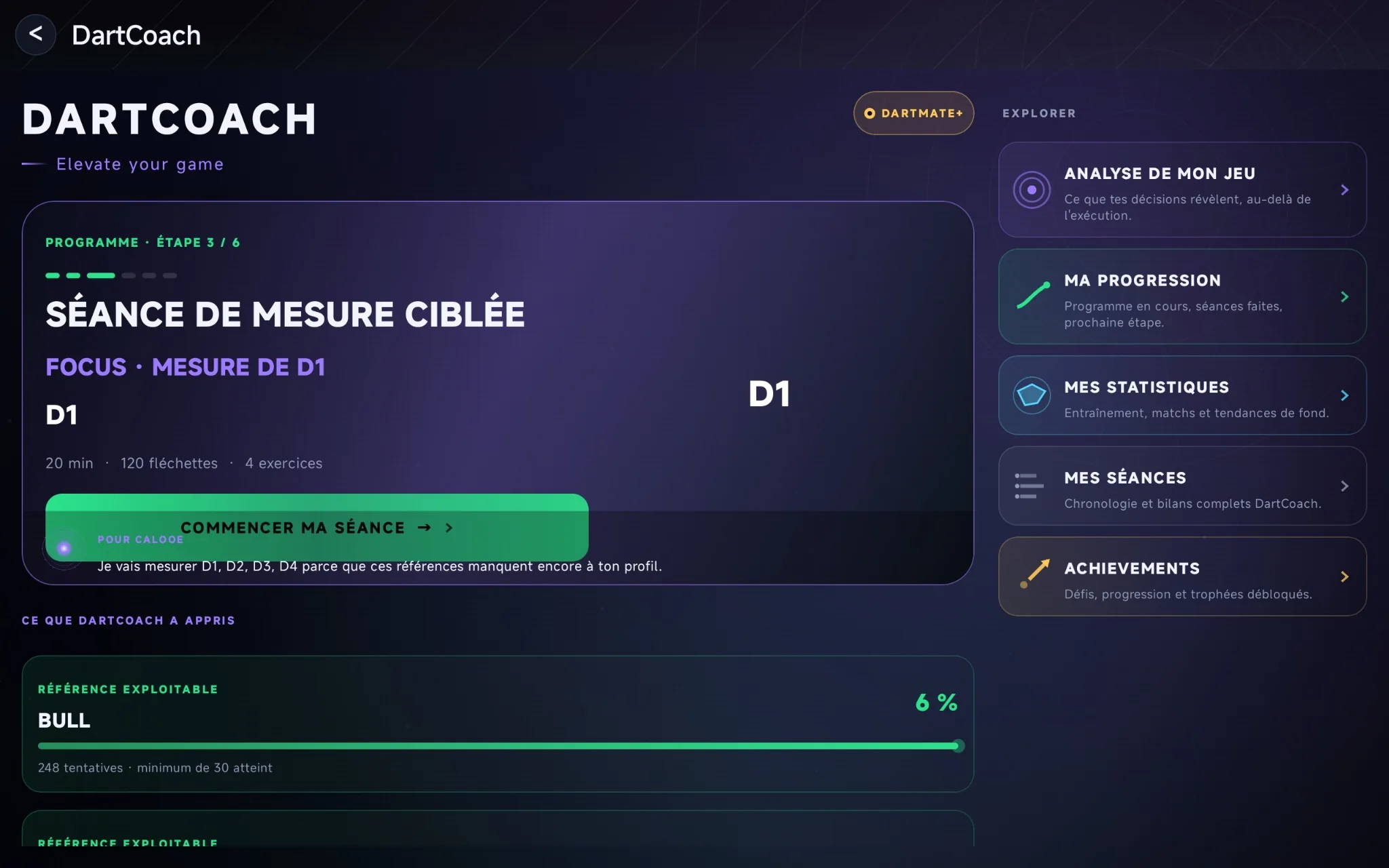 Accueil DartCoach et séance de mesure ciblée