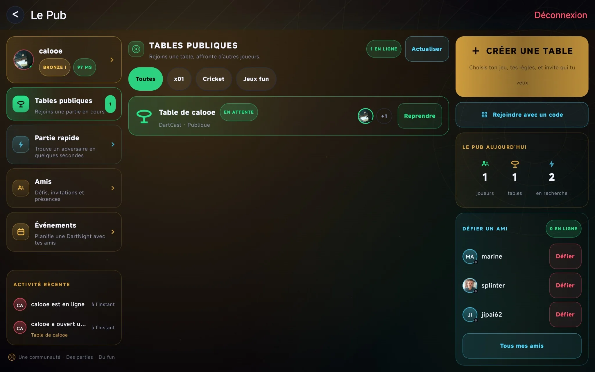 Le Pub DartMate avec tables publiques, amis et partie rapide